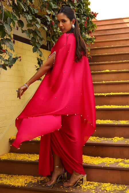 Ajiesh Oberoi Pink Chiffon Beads, Zari Round Neck Rhythm Zardozi Embroidered Kaftan With Skirt at Aza Fashions Ajiesh Oberoi_Pink Chiffon Beads, Zari Round Neck Rhythm Zardozi Embroidered Kaftan With Skirt _at_Aza_Fashions