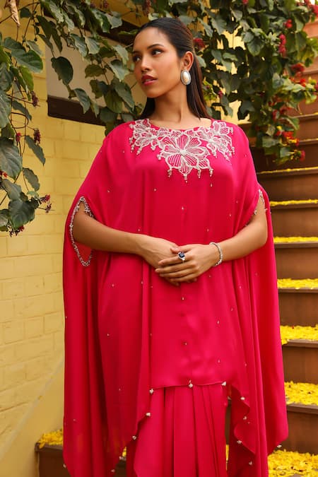 Shop Ajiesh Oberoi Pink Chiffon Beads, Zari Round Neck Rhythm Zardozi Embroidered Kaftan With Skirt Shop_Ajiesh Oberoi_Pink Chiffon Beads, Zari Round Neck Rhythm Zardozi Embroidered Kaftan With Skirt