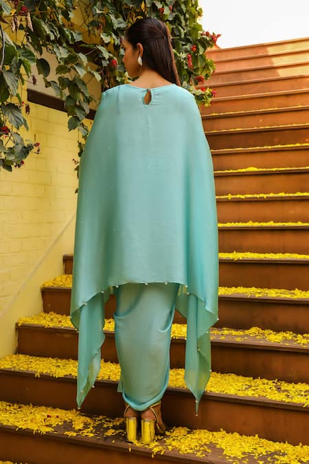 Shop Ajiesh Oberoi Blue Chiffon Beads Round Neck Rhythm Floral Embroidered Kaftan With Skirt at Aza Fashions Shop_Ajiesh Oberoi_Blue Chiffon Beads Round Neck Rhythm Floral Embroidered Kaftan With Skirt _at_Aza_Fashions