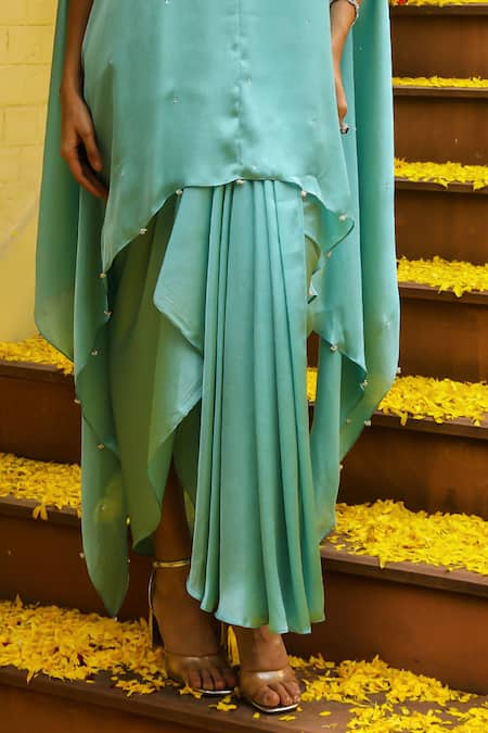 Ajiesh Oberoi Blue Chiffon Beads Round Neck Rhythm Floral Embroidered Kaftan With Skirt Online at Aza Fashions Ajiesh Oberoi_Blue Chiffon Beads Round Neck Rhythm Floral Embroidered Kaftan With Skirt _Online_at_Aza_Fashions