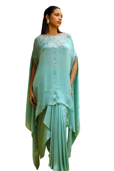 Buy Ajiesh Oberoi Blue Chiffon Beads Round Neck Rhythm Floral Embroidered Kaftan With Skirt Online at Aza Fashions Buy_Ajiesh Oberoi_Blue Chiffon Beads Round Neck Rhythm Floral Embroidered Kaftan With Skirt _Online_at_Aza_Fashions