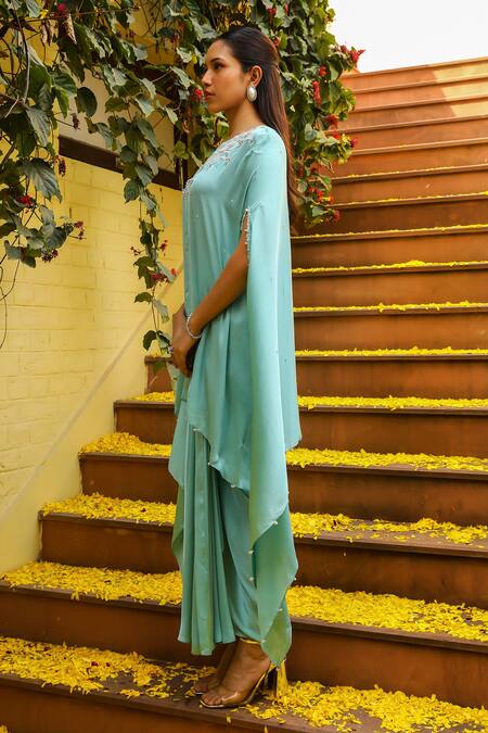 Ajiesh Oberoi Blue Chiffon Beads Round Neck Rhythm Floral Embroidered Kaftan With Skirt at Aza Fashions Ajiesh Oberoi_Blue Chiffon Beads Round Neck Rhythm Floral Embroidered Kaftan With Skirt _at_Aza_Fashions