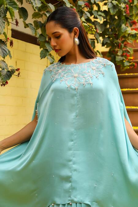 Shop Ajiesh Oberoi Blue Chiffon Beads Round Neck Rhythm Floral Embroidered Kaftan With Skirt Shop_Ajiesh Oberoi_Blue Chiffon Beads Round Neck Rhythm Floral Embroidered Kaftan With Skirt