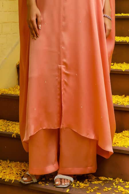 Ajiesh Oberoi Peach Chiffon Sequins, Beads Bulbul Floral Embroidered Kaftan With Palazzo Online at Aza Fashions Ajiesh Oberoi_Peach Chiffon Sequins, Beads Bulbul Floral Embroidered Kaftan With Palazzo _Online_at_Aza_Fashions