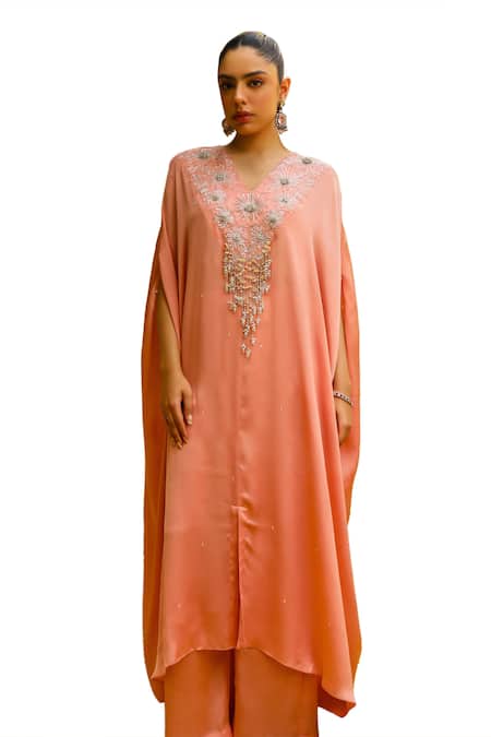 Buy Ajiesh Oberoi Peach Chiffon Sequins, Beads Bulbul Floral Embroidered Kaftan With Palazzo Online at Aza Fashions Buy_Ajiesh Oberoi_Peach Chiffon Sequins, Beads Bulbul Floral Embroidered Kaftan With Palazzo _Online_at_Aza_Fashions