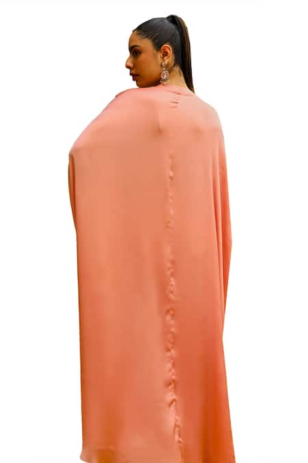 Ajiesh Oberoi Peach Chiffon Sequins, Beads Bulbul Floral Embroidered Kaftan With Palazzo at Aza Fashions Ajiesh Oberoi_Peach Chiffon Sequins, Beads Bulbul Floral Embroidered Kaftan With Palazzo _at_Aza_Fashions