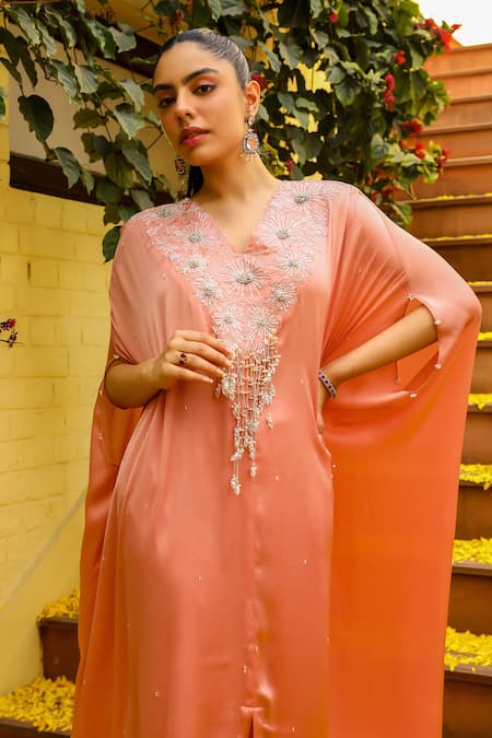 Buy Ajiesh Oberoi Peach Chiffon Sequins, Beads Bulbul Floral Embroidered Kaftan With Palazzo Buy_Ajiesh Oberoi_Peach Chiffon Sequins, Beads Bulbul Floral Embroidered Kaftan With Palazzo