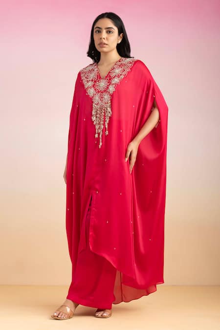 Ajiesh Oberoi Pink Chiffon Embroidery, Tassels V-neck Bulbul Floral Kaftan With Palazzo Online at Aza Fashions Ajiesh Oberoi_Pink Chiffon Embroidery, Tassels V-neck Bulbul Floral Kaftan With Palazzo _Online_at_Aza_Fashions