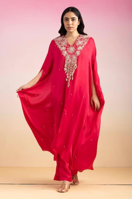 Buy Ajiesh Oberoi Pink Chiffon Embroidery, Tassels V-neck Bulbul Floral Kaftan With Palazzo Online at Aza Fashions Buy_Ajiesh Oberoi_Pink Chiffon Embroidery, Tassels V-neck Bulbul Floral Kaftan With Palazzo _Online_at_Aza_Fashions