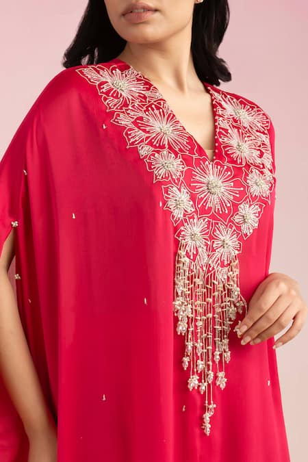 Ajiesh Oberoi Pink Chiffon Embroidery, Tassels V-neck Bulbul Floral Kaftan With Palazzo at Aza Fashions Ajiesh Oberoi_Pink Chiffon Embroidery, Tassels V-neck Bulbul Floral Kaftan With Palazzo _at_Aza_Fashions