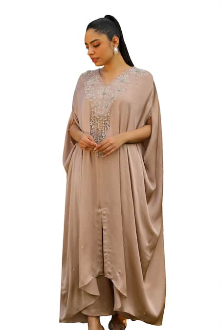 Ajiesh Oberoi Beige Chiffon Sequins, Beads Bulbul Tassel Embroidered Kaftan With Palazzo Online at Aza Fashions Ajiesh Oberoi_Beige Chiffon Sequins, Beads Bulbul Tassel Embroidered Kaftan With Palazzo _Online_at_Aza_Fashions