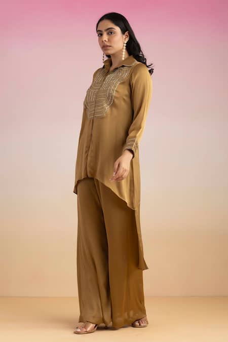 Shop_Ajiesh Oberoi_Gold Chiffon, Cotton Beads, Embroidery Chamak High-low Shirt With Palazzo _at_Aza_Fashions