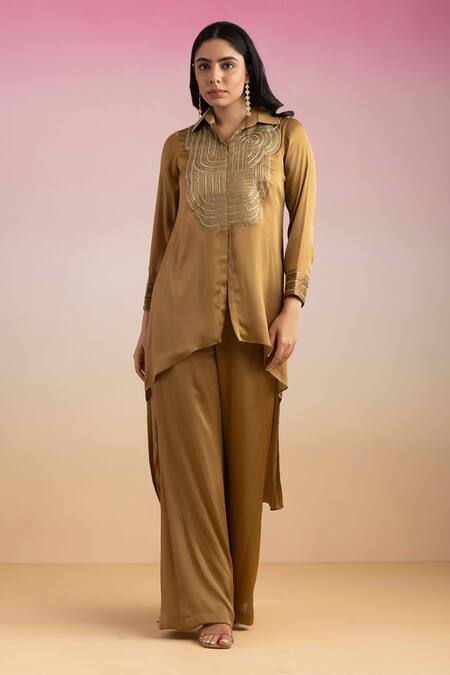 Ajiesh Oberoi_Gold Chiffon, Cotton Beads, Embroidery Chamak High-low Shirt With Palazzo _Online_at_Aza_Fashions