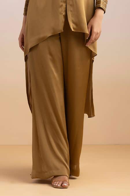 Buy_Ajiesh Oberoi_Gold Chiffon, Cotton Beads, Embroidery Chamak High-low Shirt With Palazzo _Online_at_Aza_Fashions