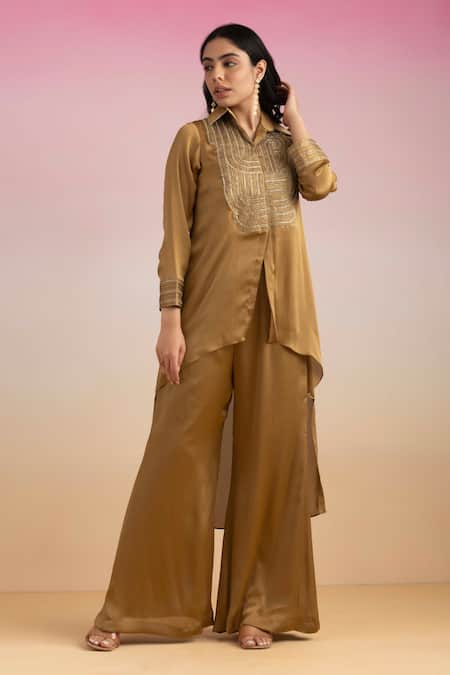 Shop_Ajiesh Oberoi_Gold Chiffon, Cotton Beads, Embroidery Chamak High-low Shirt With Palazzo _Online_at_Aza_Fashions