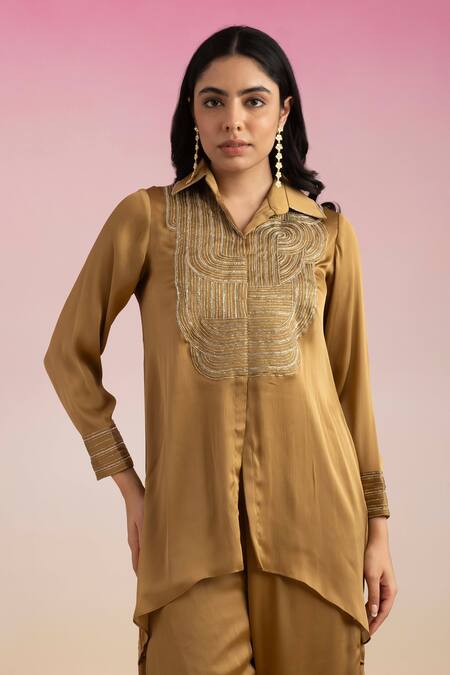 Ajiesh Oberoi_Gold Chiffon, Cotton Beads, Embroidery Chamak High-low Shirt With Palazzo _at_Aza_Fashions