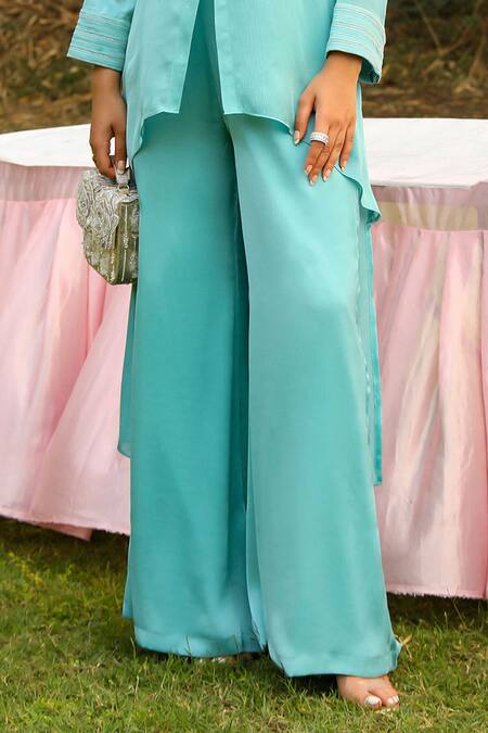 Ajiesh Oberoi_Sky Blue Chiffon, Cotton Chamak Dori Embroidered High-low Shirt With Palazzo _Online_at_Aza_Fashions