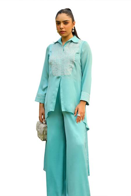 Buy_Ajiesh Oberoi_Sky Blue Chiffon, Cotton Chamak Dori Embroidered High-low Shirt With Palazzo _Online_at_Aza_Fashions