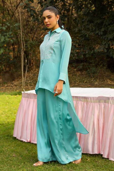 Shop_Ajiesh Oberoi_Sky Blue Chiffon, Cotton Chamak Dori Embroidered High-low Shirt With Palazzo _Online_at_Aza_Fashions