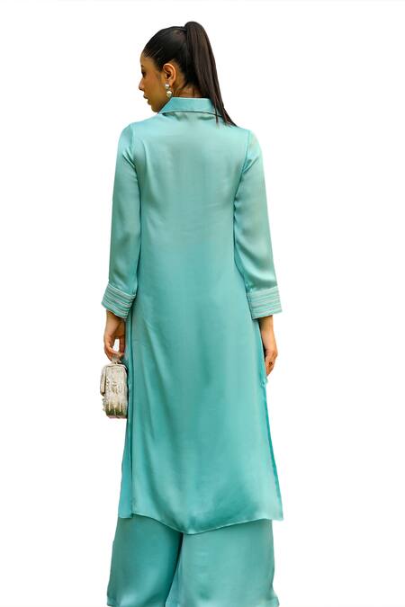 Ajiesh Oberoi_Sky Blue Chiffon, Cotton Chamak Dori Embroidered High-low Shirt With Palazzo _at_Aza_Fashions