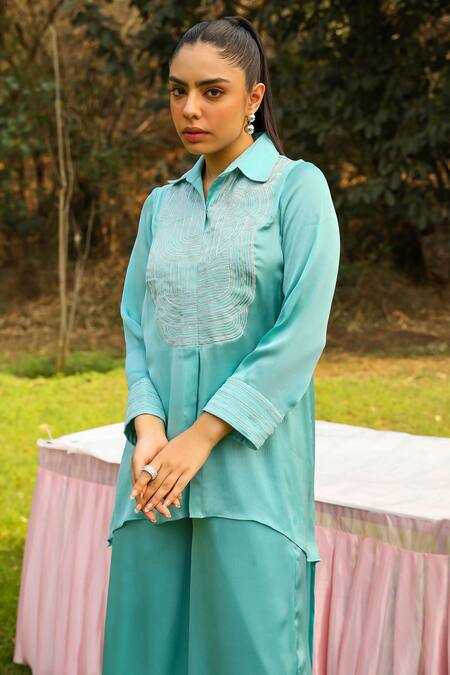 Buy_Ajiesh Oberoi_Sky Blue Chiffon, Cotton Chamak Dori Embroidered High-low Shirt With Palazzo 