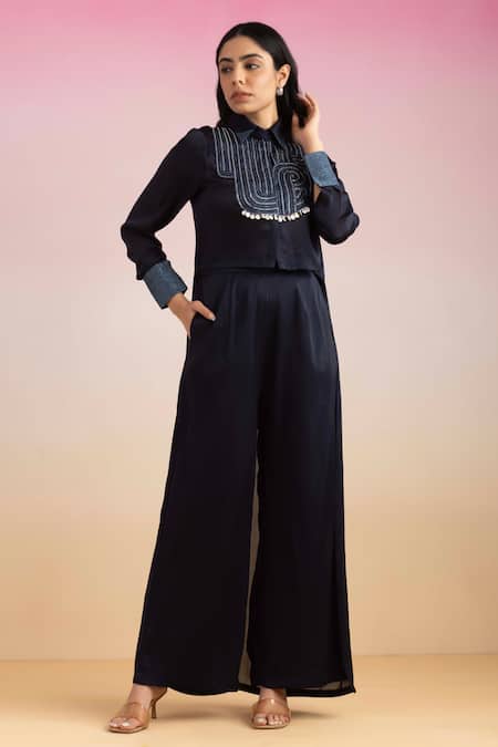 Ajiesh Oberoi Blue Chiffon Embroidery, Beads Dori High-low Shirt With Palazzo Online at Aza Fashions Ajiesh Oberoi_Blue Chiffon Embroidery, Beads Dori High-low Shirt With Palazzo _Online_at_Aza_Fashions