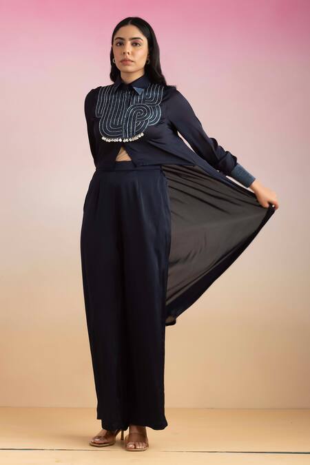 Shop Ajiesh Oberoi Blue Chiffon Embroidery, Beads Dori High-low Shirt With Palazzo Online at Aza Fashions Shop_Ajiesh Oberoi_Blue Chiffon Embroidery, Beads Dori High-low Shirt With Palazzo _Online_at_Aza_Fashions