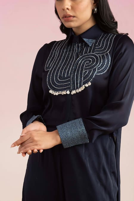 Ajiesh Oberoi Blue Chiffon Embroidery, Beads Dori High-low Shirt With Palazzo at Aza Fashions Ajiesh Oberoi_Blue Chiffon Embroidery, Beads Dori High-low Shirt With Palazzo _at_Aza_Fashions