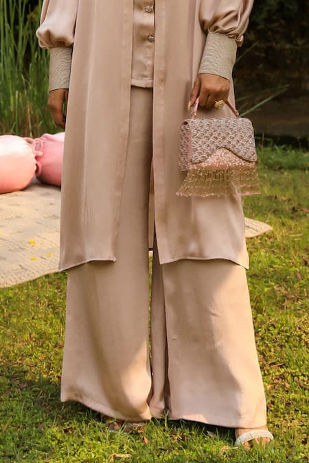 Ajiesh Oberoi Beige Chiffon, Cotton Open Neck, Collared Front Shrug With Pant Set Online at Aza Fashions Ajiesh Oberoi_Beige Chiffon, Cotton Open Neck, Collared Front Shrug With Pant Set _Online_at_Aza_Fashions