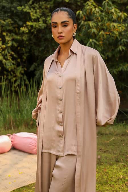 Ajiesh Oberoi Beige Chiffon, Cotton Open Neck, Collared Front Shrug With Pant Set at Aza Fashions Ajiesh Oberoi_Beige Chiffon, Cotton Open Neck, Collared Front Shrug With Pant Set _at_Aza_Fashions