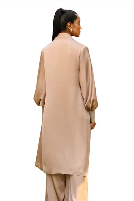 Buy Ajiesh Oberoi Beige Chiffon, Cotton Open Neck, Collared Front Shrug With Pant Set Buy_Ajiesh Oberoi_Beige Chiffon, Cotton Open Neck, Collared Front Shrug With Pant Set