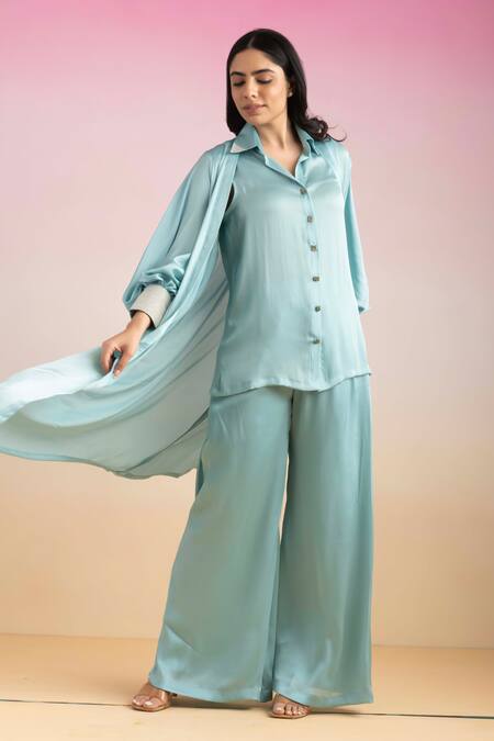 Ajiesh Oberoi Blue Chiffon Open Neck, Collared Front Long Shrug With Pant Set Online at Aza Fashions Ajiesh Oberoi_Blue Chiffon Open Neck, Collared Front Long Shrug With Pant Set _Online_at_Aza_Fashions