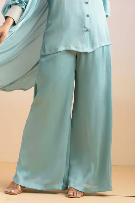 Buy Ajiesh Oberoi Blue Chiffon Open Neck, Collared Front Long Shrug With Pant Set Online at Aza Fashions Buy_Ajiesh Oberoi_Blue Chiffon Open Neck, Collared Front Long Shrug With Pant Set _Online_at_Aza_Fashions