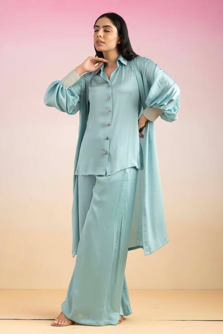 Shop Ajiesh Oberoi Blue Chiffon Open Neck, Collared Front Long Shrug With Pant Set Online at Aza Fashions Shop_Ajiesh Oberoi_Blue Chiffon Open Neck, Collared Front Long Shrug With Pant Set _Online_at_Aza_Fashions