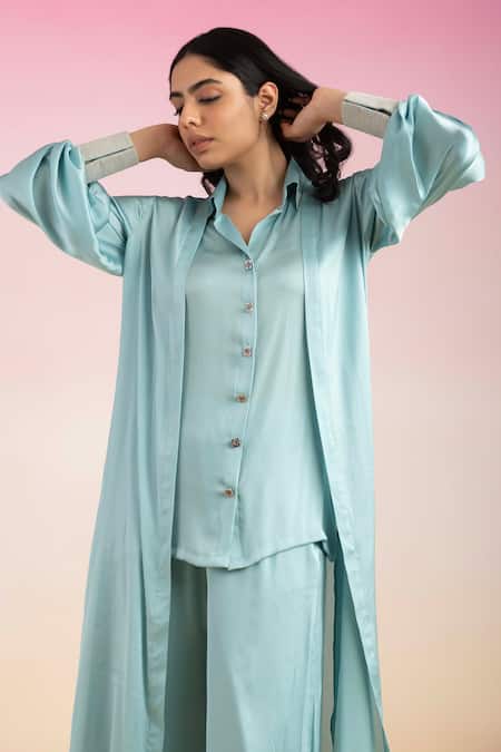 Ajiesh Oberoi Blue Chiffon Open Neck, Collared Front Long Shrug With Pant Set at Aza Fashions Ajiesh Oberoi_Blue Chiffon Open Neck, Collared Front Long Shrug With Pant Set _at_Aza_Fashions