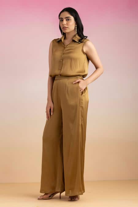 Shop Ajiesh Oberoi Gold Chiffon, Cotton, Muslin Collared Point Shirt And Pant Coord Set at Aza Fashions Shop_Ajiesh Oberoi_Gold Chiffon, Cotton, Muslin Collared Point Shirt And Pant Coord Set _at_Aza_Fashions