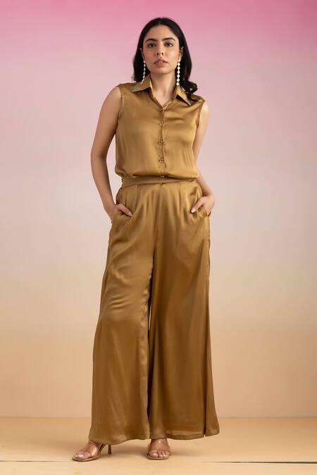 Ajiesh Oberoi Gold Chiffon, Cotton, Muslin Collared Point Shirt And Pant Coord Set Online at Aza Fashions Ajiesh Oberoi_Gold Chiffon, Cotton, Muslin Collared Point Shirt And Pant Coord Set _Online_at_Aza_Fashions