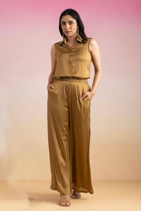 Shop Ajiesh Oberoi Gold Chiffon, Cotton, Muslin Collared Point Shirt And Pant Coord Set Online at Aza Fashions Shop_Ajiesh Oberoi_Gold Chiffon, Cotton, Muslin Collared Point Shirt And Pant Coord Set _Online_at_Aza_Fashions