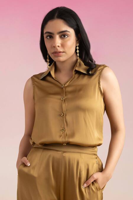 Ajiesh Oberoi Gold Chiffon, Cotton, Muslin Collared Point Shirt And Pant Coord Set at Aza Fashions Ajiesh Oberoi_Gold Chiffon, Cotton, Muslin Collared Point Shirt And Pant Coord Set _at_Aza_Fashions