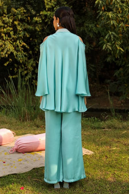 Shop Ajiesh Oberoi Blue Chiffon, Cotton Embroidery High Neck Dori Flared Top And Pant Set at Aza Fashions Shop_Ajiesh Oberoi_Blue Chiffon, Cotton Embroidery High Neck Dori Flared Top And Pant Set _at_Aza_Fashions