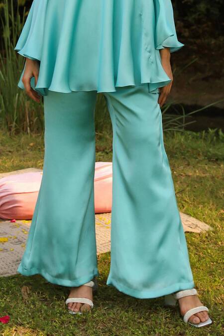 Ajiesh Oberoi Blue Chiffon, Cotton Embroidery High Neck Dori Flared Top And Pant Set Online at Aza Fashions Ajiesh Oberoi_Blue Chiffon, Cotton Embroidery High Neck Dori Flared Top And Pant Set _Online_at_Aza_Fashions