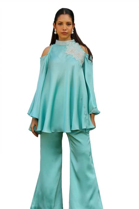 Buy Ajiesh Oberoi Blue Chiffon, Cotton Embroidery High Neck Dori Flared Top And Pant Set Online at Aza Fashions Buy_Ajiesh Oberoi_Blue Chiffon, Cotton Embroidery High Neck Dori Flared Top And Pant Set _Online_at_Aza_Fashions