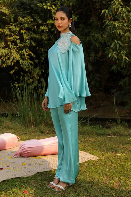 Shop Ajiesh Oberoi Blue Chiffon, Cotton Embroidery High Neck Dori Flared Top And Pant Set Online at Aza Fashions Shop_Ajiesh Oberoi_Blue Chiffon, Cotton Embroidery High Neck Dori Flared Top And Pant Set _Online_at_Aza_Fashions