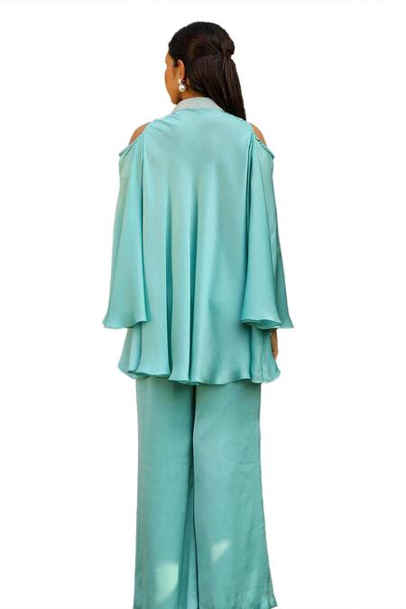 Ajiesh Oberoi Blue Chiffon, Cotton Embroidery High Neck Dori Flared Top And Pant Set at Aza Fashions Ajiesh Oberoi_Blue Chiffon, Cotton Embroidery High Neck Dori Flared Top And Pant Set _at_Aza_Fashions