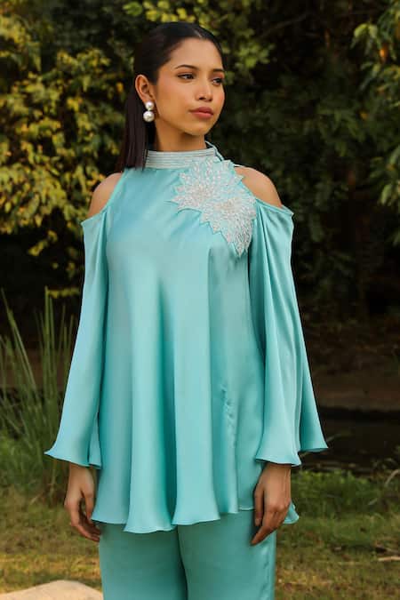 Buy Ajiesh Oberoi Blue Chiffon, Cotton Embroidery High Neck Dori Flared Top And Pant Set Buy_Ajiesh Oberoi_Blue Chiffon, Cotton Embroidery High Neck Dori Flared Top And Pant Set