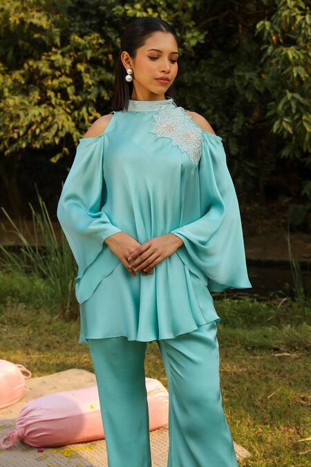 Shop Ajiesh Oberoi Blue Chiffon, Cotton Embroidery High Neck Dori Flared Top And Pant Set Shop_Ajiesh Oberoi_Blue Chiffon, Cotton Embroidery High Neck Dori Flared Top And Pant Set