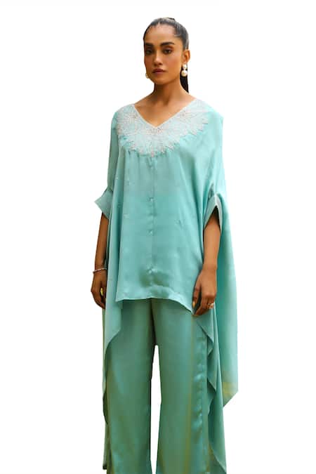 Buy_Ajiesh Oberoi_Blue V-neck Leaf Dori Embroidered Kaftan And Palazzo Set _Online_at_Aza_Fashions