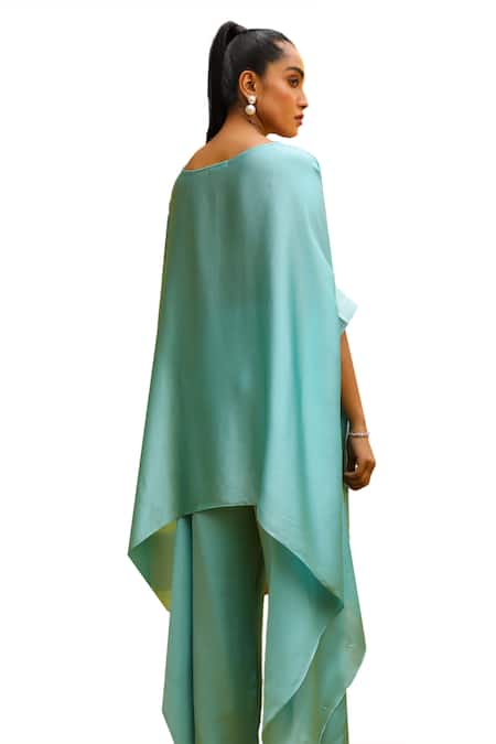 Shop_Ajiesh Oberoi_Blue V-neck Leaf Dori Embroidered Kaftan And Palazzo Set _Online_at_Aza_Fashions