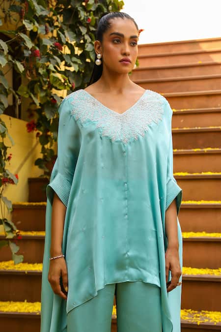 Ajiesh Oberoi_Blue V-neck Leaf Dori Embroidered Kaftan And Palazzo Set _at_Aza_Fashions
