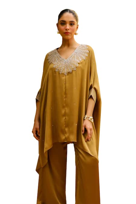 Buy Ajiesh Oberoi Gold Chiffon, Muslin Embroidery V-neck Dori Kaftan And Palazzo Set Online at Aza Fashions Buy_Ajiesh Oberoi_Gold Chiffon, Muslin Embroidery V-neck Dori Kaftan And Palazzo Set _Online_at_Aza_Fashions